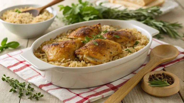 Simple forgotten chicken recipe in a rustic casserole dish, hot and ready to serve.