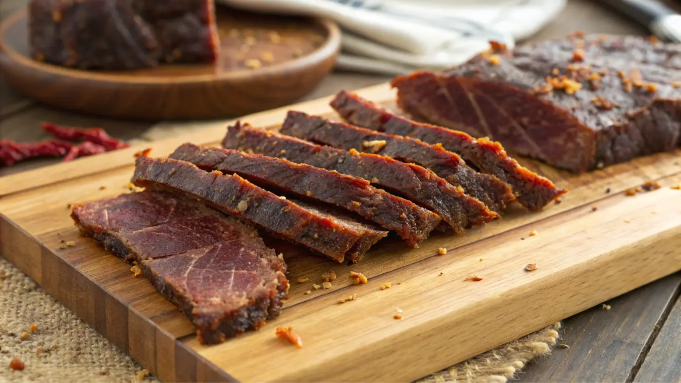 Freshly made ground beef jerky on wooden board beside an oven with natural light