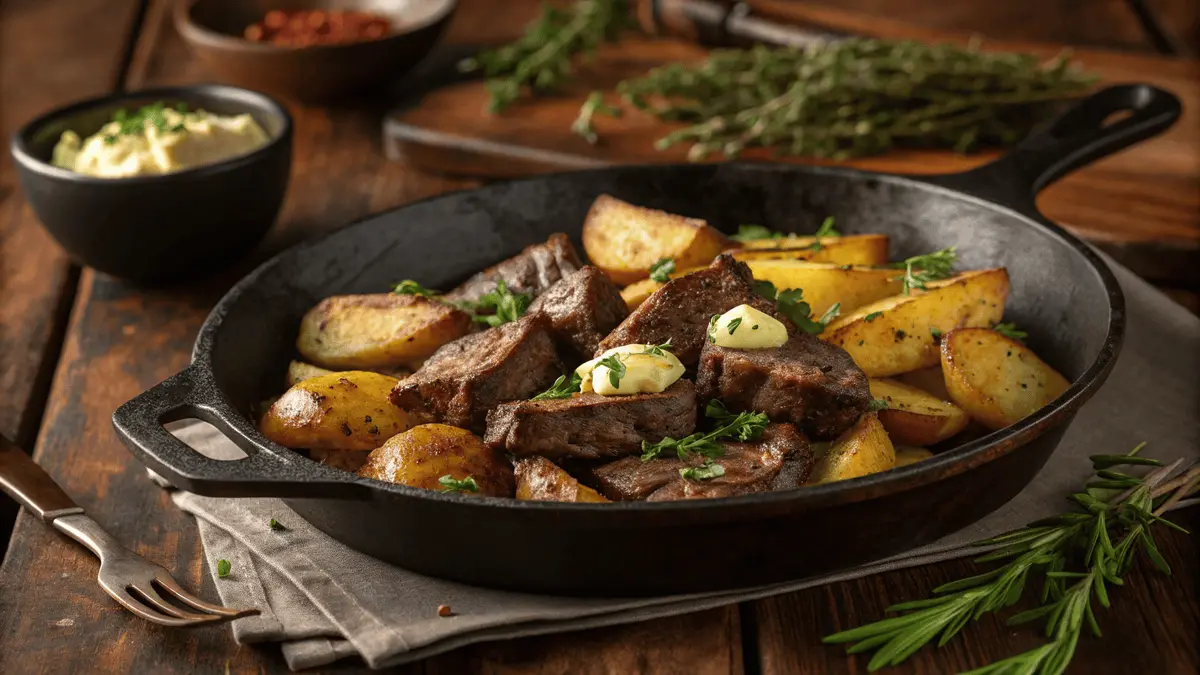 A cast iron skillet with garlic butter steak and golden potatoes, garnished with herbs.