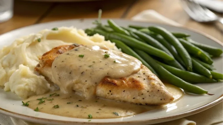 Plated chicken and gravy with mashed potatoes and green beans on a rustic table.