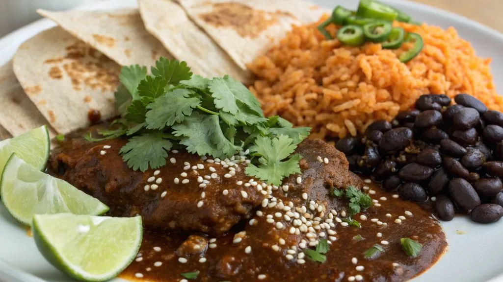 Plated chicken mole recipe with sides like rice, beans, tortillas, and fresh garnishes