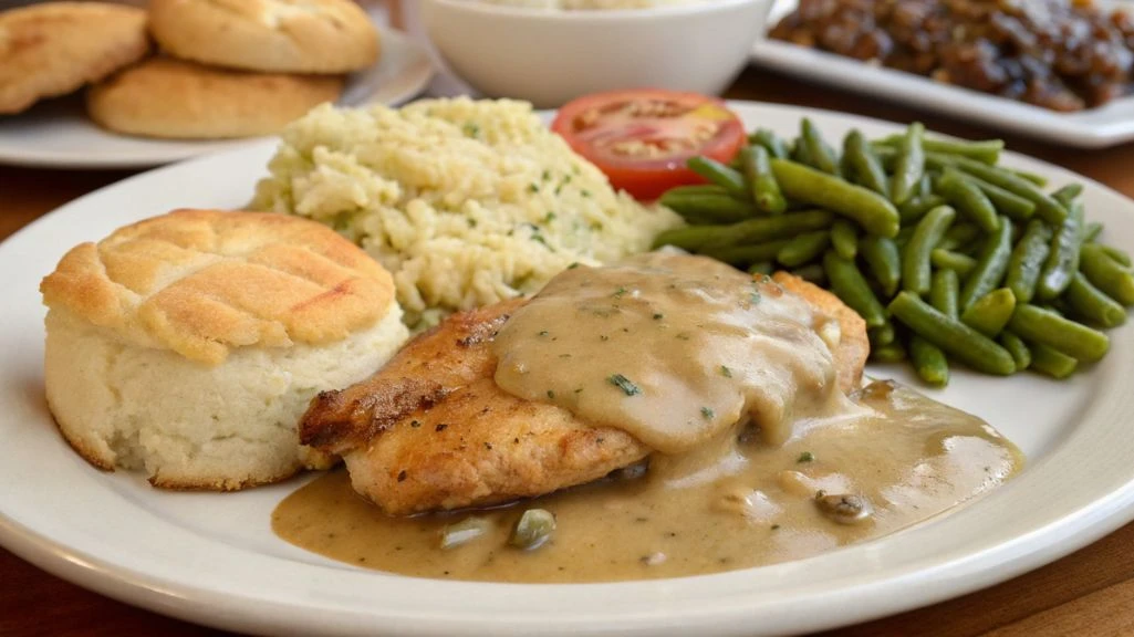 Serving ideas for chicken and gravy recipe with mashed potatoes, rice, and biscuits.