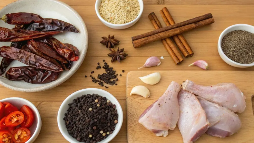 Flat lay of essential chicken mole recipe ingredients including dried chilies, chocolate, and spices