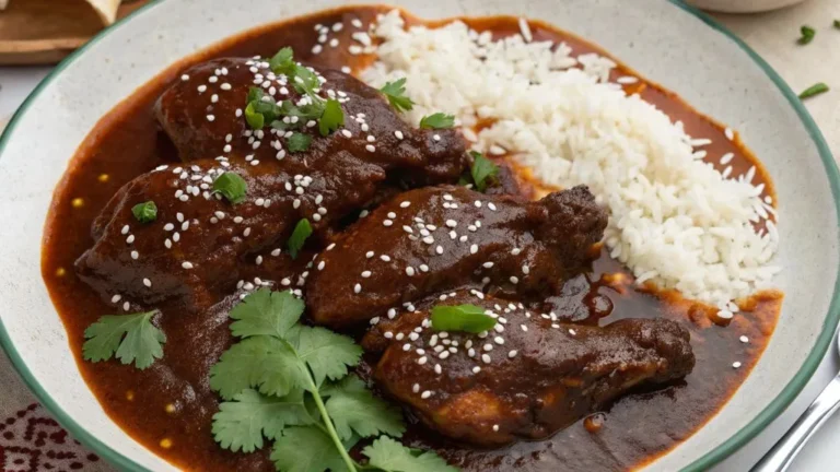 Perfectly plated chicken mole recipe with mole sauce, rice, and tortillas