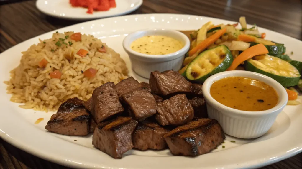Plated Benihana-style hibachi steak dinner with rice, veggies, and signature sauces