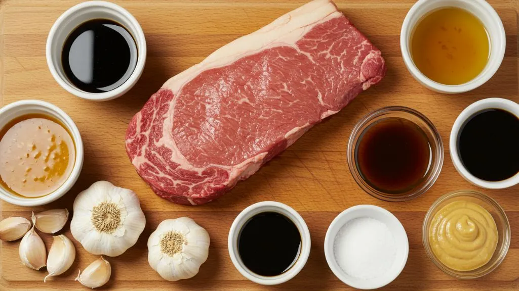 Raw hibachi steak ingredients including ribeye, sauces, and seasonings on a prep board