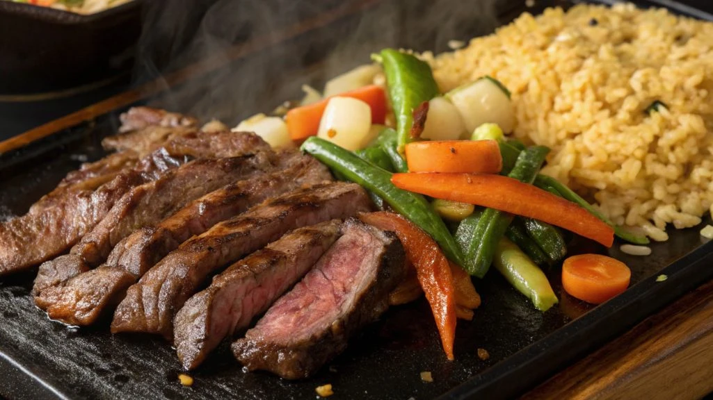 Hibachi steak recipe with fried rice and vegetables on a flat-top grill