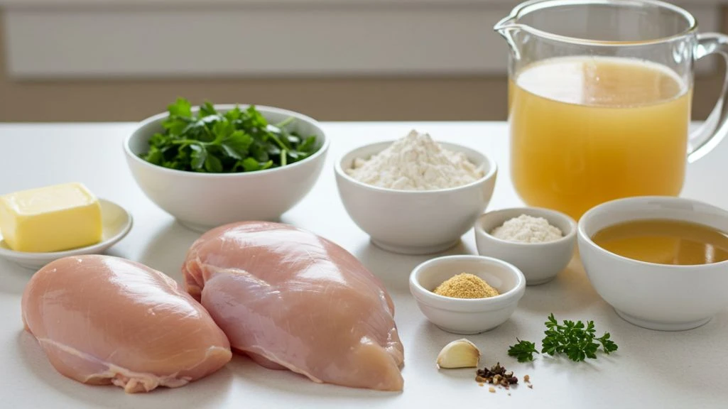 Simple pantry ingredients for chicken and gravy recipe including chicken, broth, and seasonings.