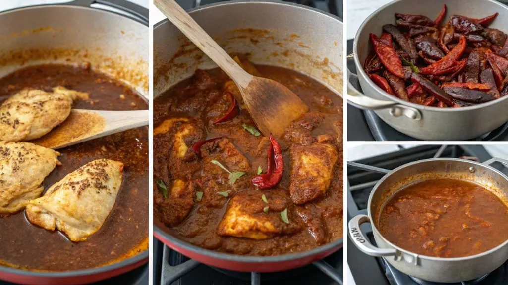 Step-by-step process of preparing and simmering chicken mole recipe sauce